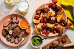 Sun Basket - Italian sausages and vegetable skewers with two romescos