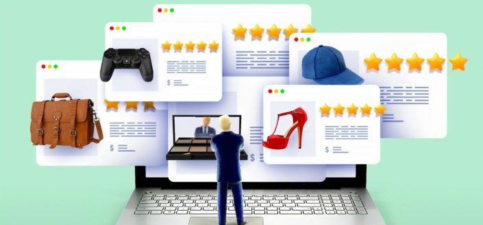 Blonde man looking at different reviews